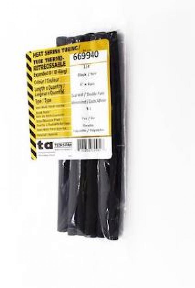 Heat Shrink Tubing, Dual Wall, 1/4&#34; X 6&#34; Length, Black, 6/Bg