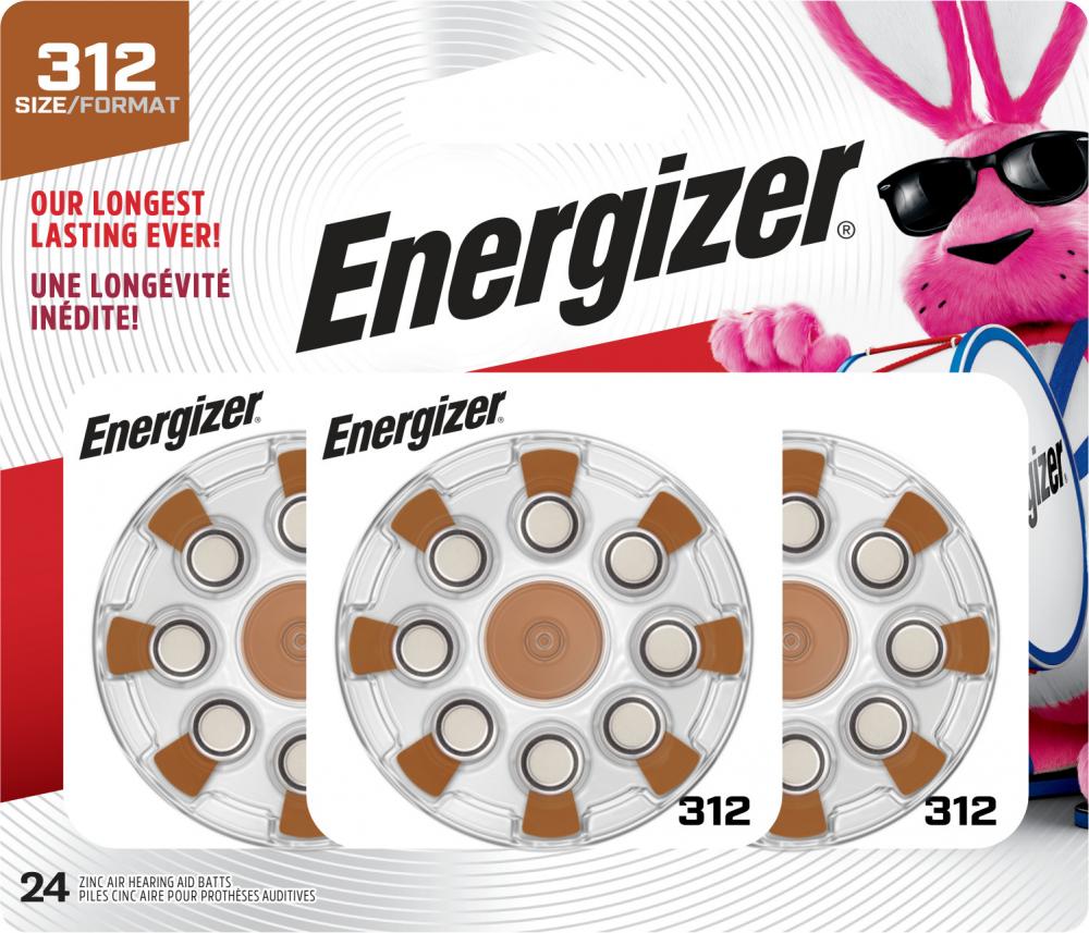 Energizer Hearing Aid Batteries Size 312, Brown Tab, 24 Pack