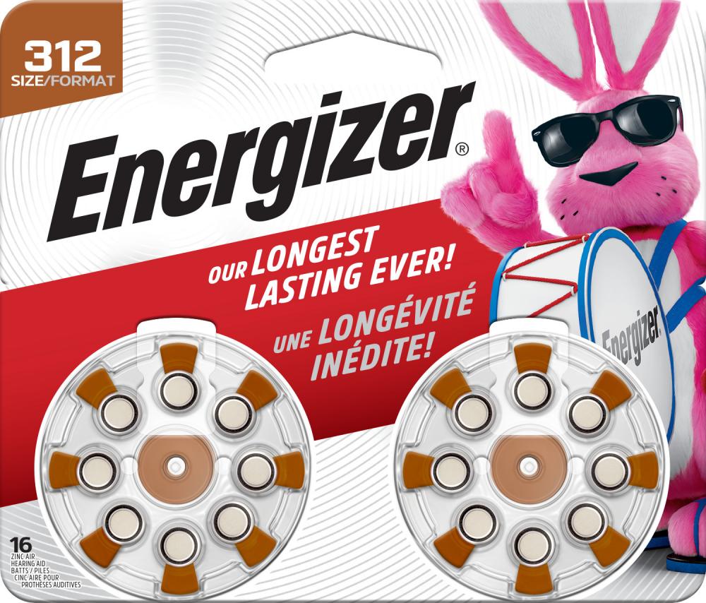 Energizer Hearing Aid Batteries Size 312, Brown Tab, 16 Pack