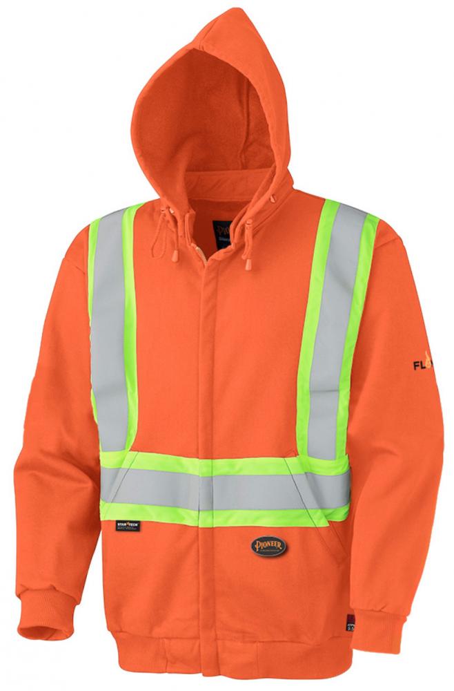 Fleece Hoodie Full Zip, Flame Resistant Orange with 4&#34; Reflective Stripes   Sz: XS