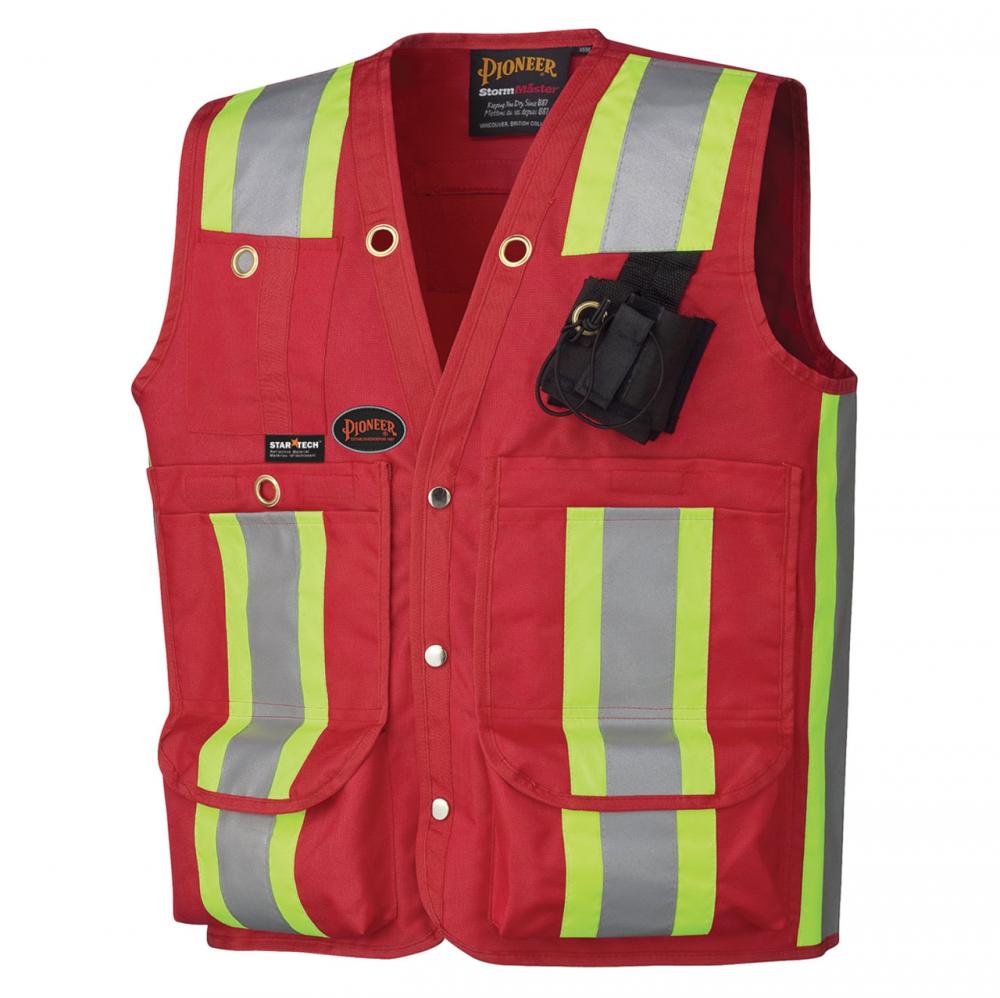 Surveyor Vest Red Polyester, 4&#34; Reflective Stripes, 12 Pocket; Sz: S